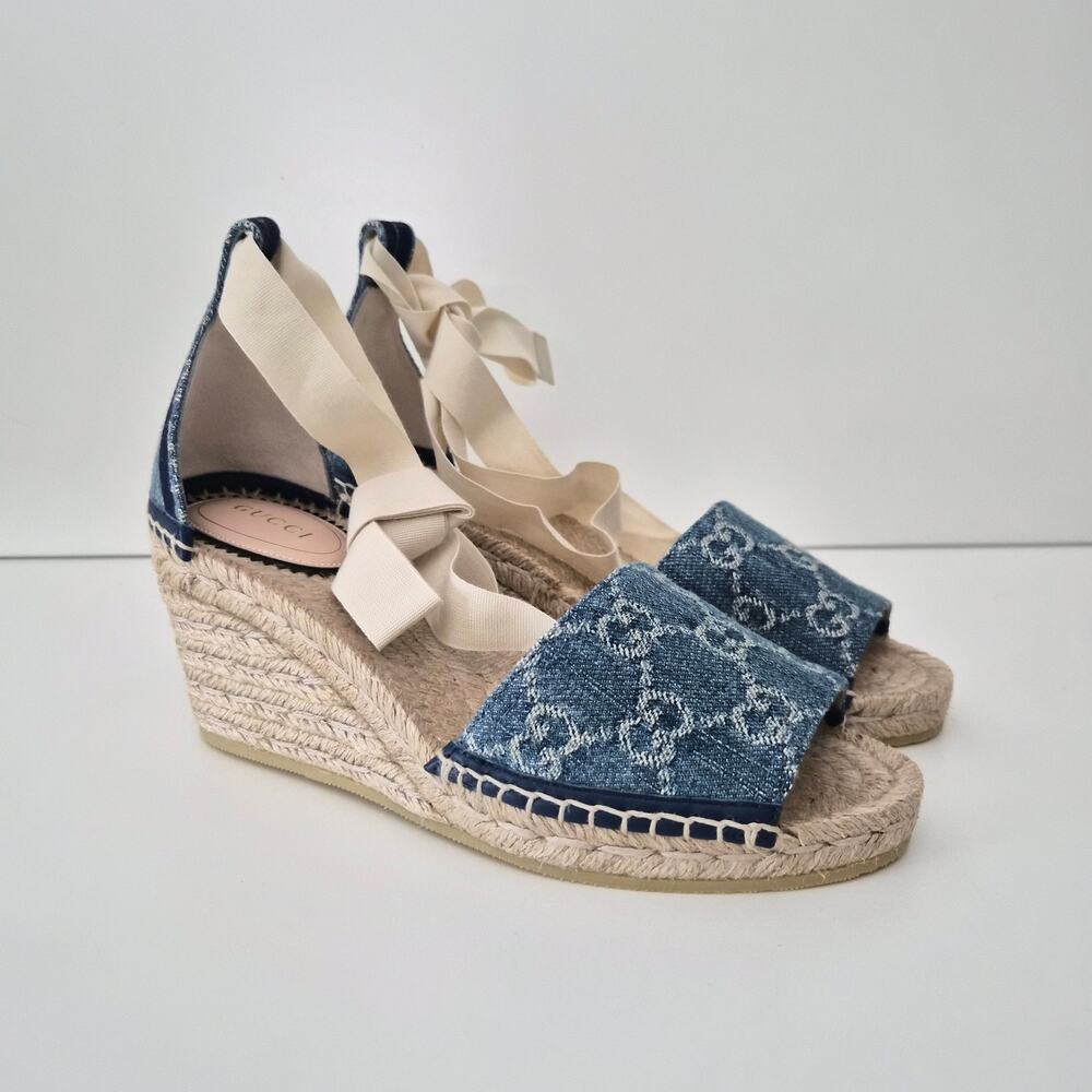 Gucci Pilar 51MM Denim Wedge Sandals Size US 6 / EU 36